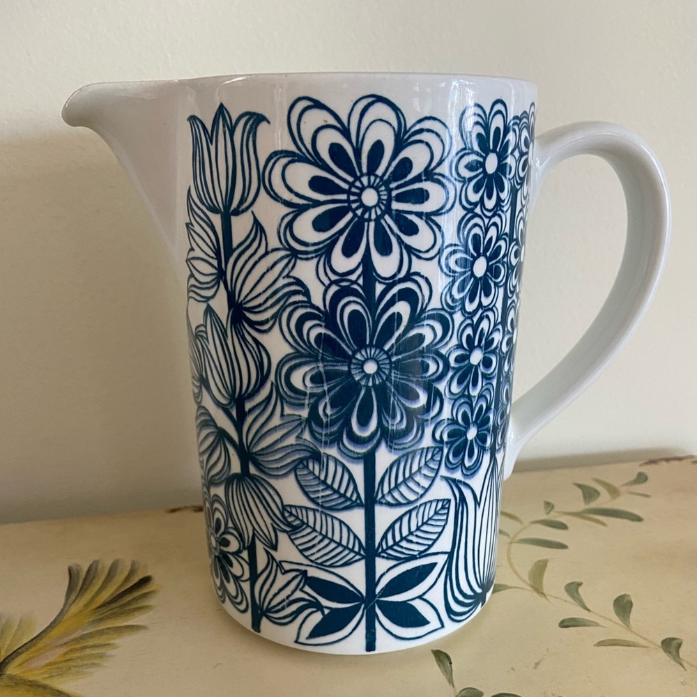 Arabia of Finland Pitcher Vintage Blue & White Floral Mid Century Scandinavian